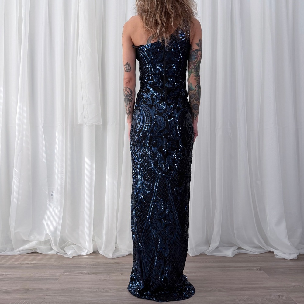 Windsor Womens Medium Blue Black Sequin Formal Prom Gown Side Slit Long Dress - Picture 4 of 8
